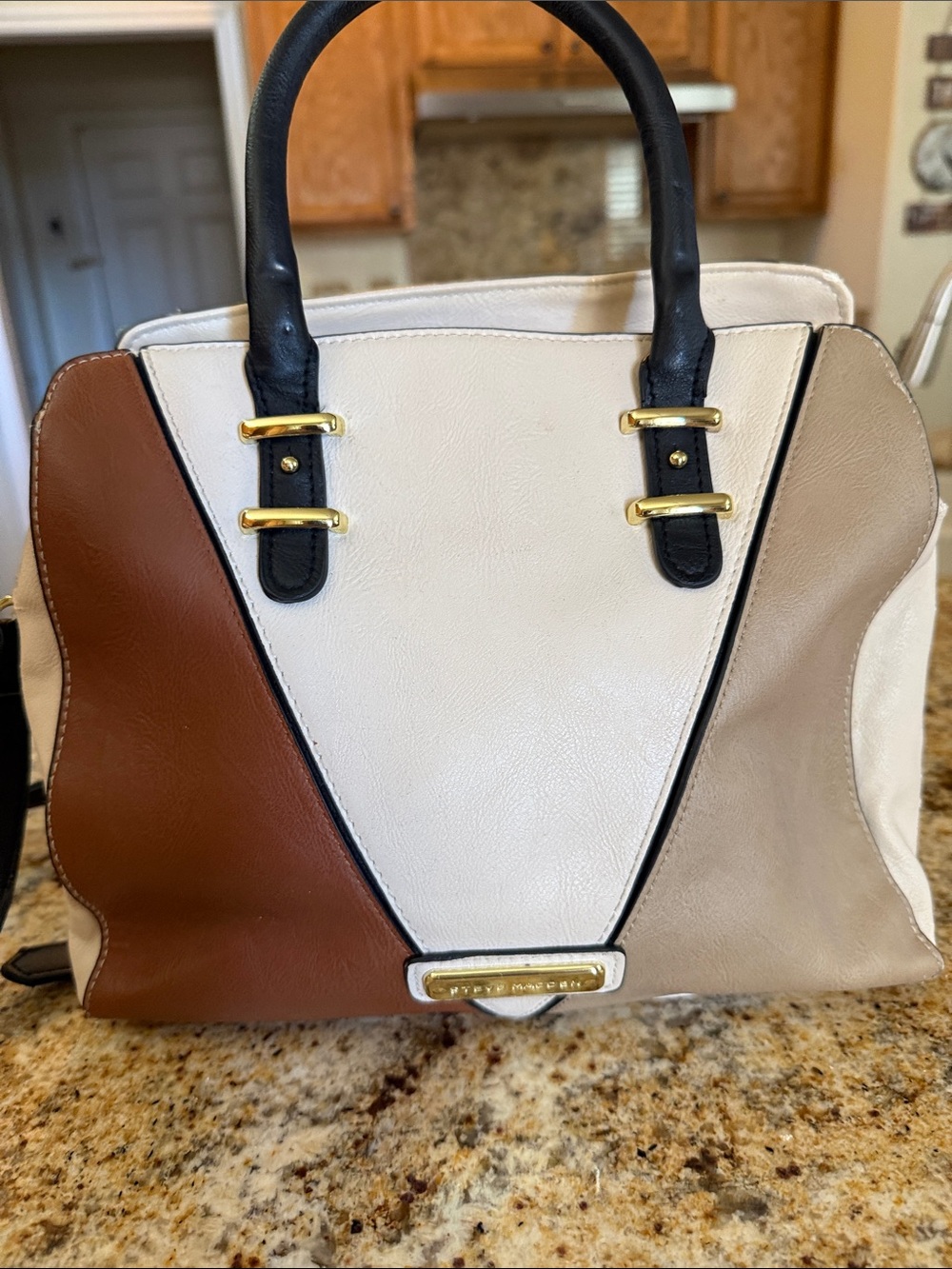 Steve Madden Tricolor Leather Satchel - Cream, Brown & Taupe with Black Handle.